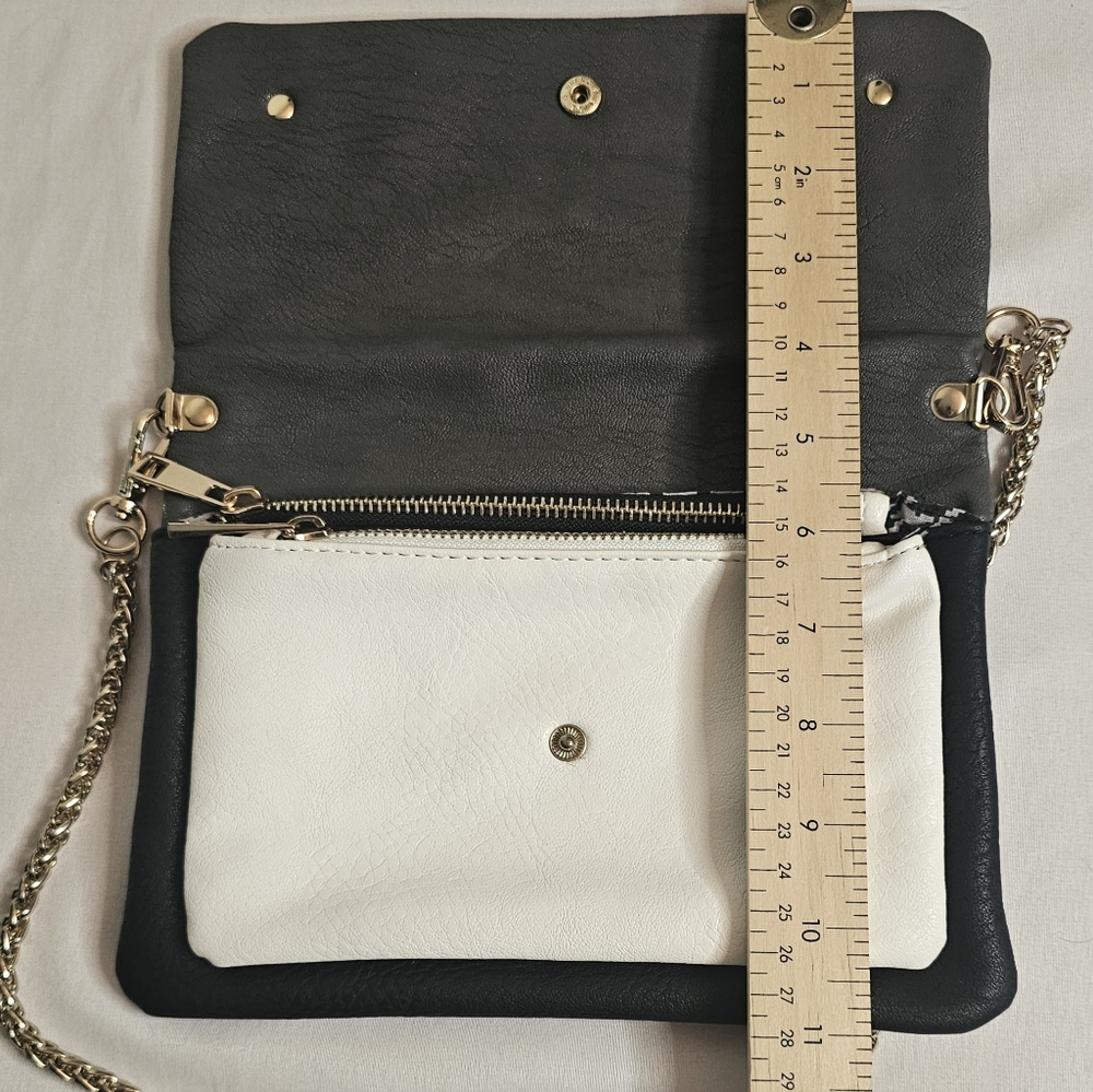 [CESCA] Gray, Wht & Blk Vegan Leather Crossbody Bag/Clutch Removable Gold Chain - Picture 13 of 15